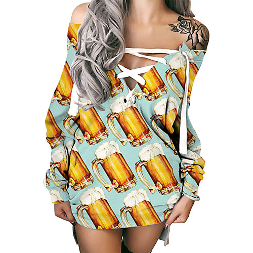 

Women's Shift Dress Short Mini Dress Blue Long Sleeve Print Print Fall Summer Off Shoulder Hot Sexy 3D Print S M L XL XXL 3XL