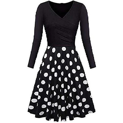 

women casual long sleeve skater dress v-neck dress elegant party dress flowers / black dot l