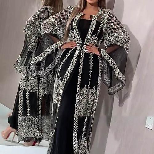 

Women's Sheath Dress Maxi long Dress Black Long Sleeve Color Block Mesh Patchwork Fall Spring Round Neck Elegant Formal 2021 S M L XL XXL