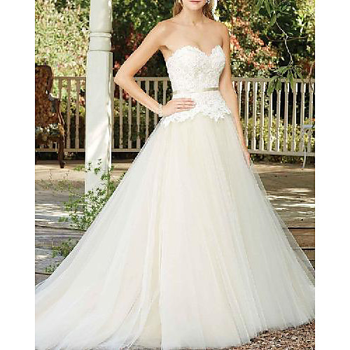 

A-Line Wedding Dresses Sweetheart Neckline Sweep / Brush Train Lace Tulle Sleeveless Country Romantic with Sashes / Ribbons Appliques 2021