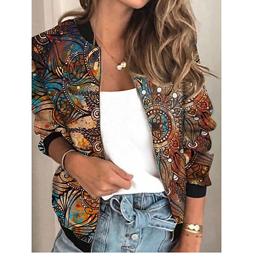 

Women's Geometric Patchwork Streetwear Spring & Fall Jacket Regular Sports Long Sleeve Rayon Coat Tops Khaki