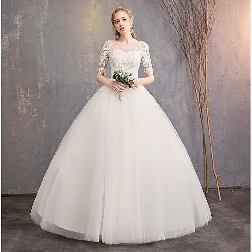 

Princess Ball Gown Wedding Dresses Jewel Neck Floor Length Lace Tulle Short Sleeve Formal Romantic Elegant with Pleats Appliques 2021