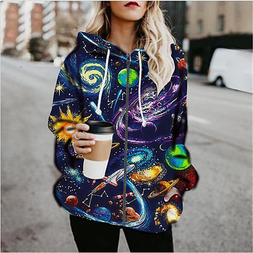 

Women's Print Print Fall & Winter Hoodied Jacket Regular Sports Long Sleeve Cotton Blend Coat Tops Blue