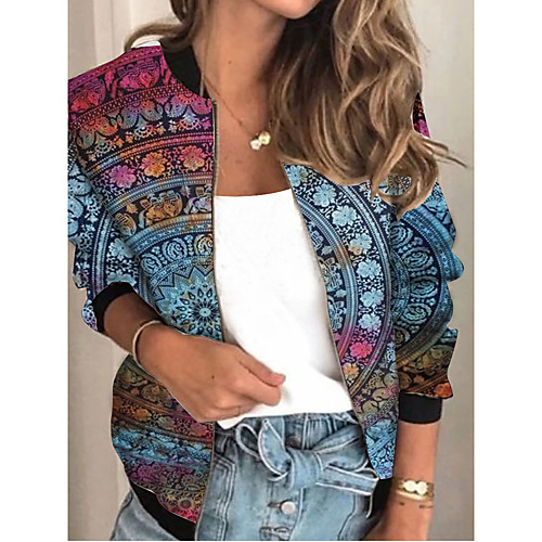 

Women's Geometric Patchwork Streetwear Spring & Fall Jacket Regular Sports Long Sleeve Rayon Coat Tops Blue