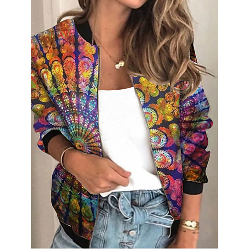 

Women's Geometric Patchwork Streetwear Spring & Fall Jacket Regular Sports Long Sleeve Rayon Coat Tops Rainbow