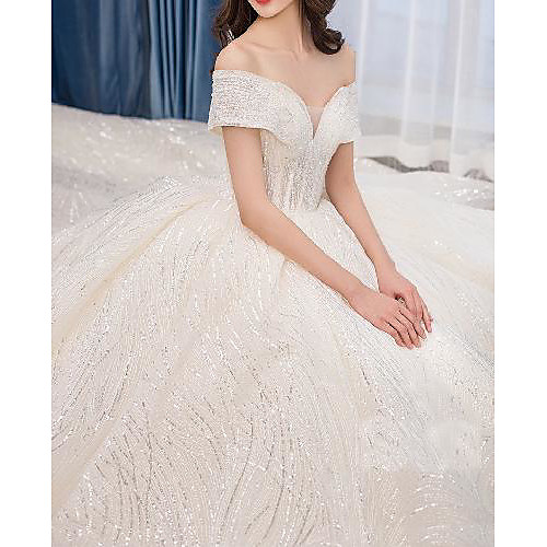 

Princess Ball Gown Wedding Dresses Off Shoulder Chapel Train Lace Tulle Sequined Short Sleeve Formal Luxurious Sparkle & Shine Elegant with Pleats 2021