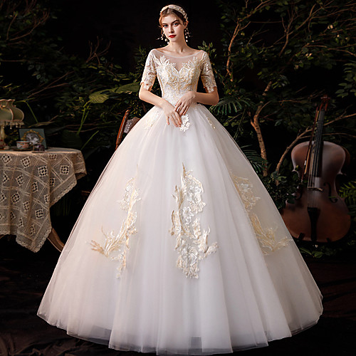 

Princess Ball Gown Wedding Dresses Jewel Neck Floor Length Lace Tulle Half Sleeve Formal Romantic with Appliques 2021