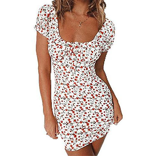 

ladies summer high waist strapless dress vintage bohemian high waist floral print beach mini dress (white, s)