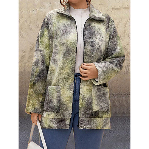 

Women's Plus Size Patchwork Tie Dye Going out Long Teddy Coat