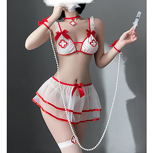 

Women's Mesh Bow Matching Bralettes Suits Nightwear Patchwork White One-Size / Strap