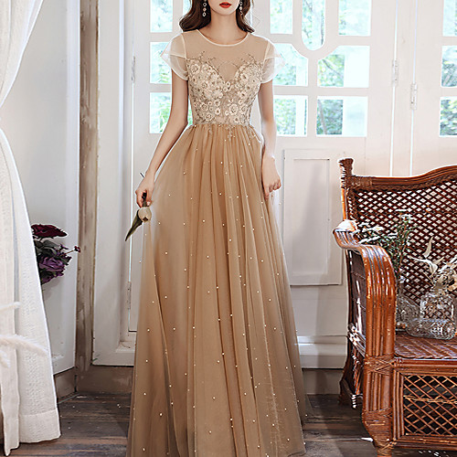 

A-Line Elegant Floral Wedding Guest Prom Dress Jewel Neck Short Sleeve Floor Length Tulle with Beading Appliques 2021