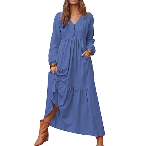 

Women's Swing Dress Maxi long Dress Blue Yellow Light gray Brown Light Blue Long Sleeve Solid Color Ruched Patchwork Winter V Neck Casual 2021 S M L XL XXL 3XL