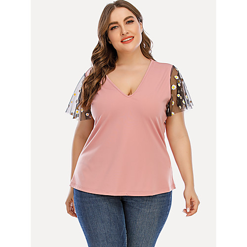 

Women's Plus Size Mesh Plain Blouse Shirt Large Size V Neck Short Sleeve Tops Big Size