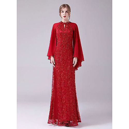 

A-Line Celebrity Style Elegant Wedding Guest Formal Evening Dress Halter Neck Long Sleeve Floor Length Lace with Beading 2021