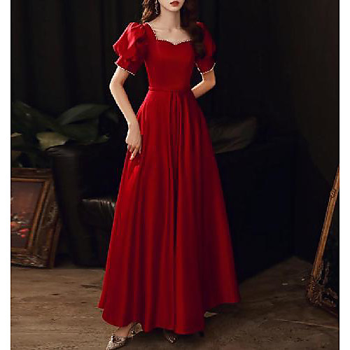 

A-Line Elegant Vintage Engagement Formal Evening Dress Scoop Neck Short Sleeve Floor Length Satin with Pleats Pearls 2021