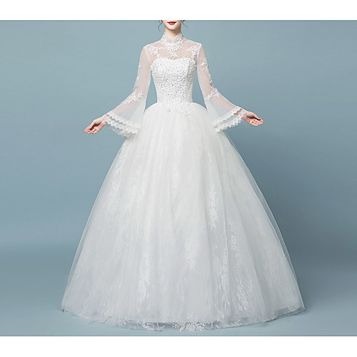 

Princess Ball Gown Wedding Dresses High Neck Floor Length Lace Tulle Long Sleeve Romantic with Pleats Appliques 2021