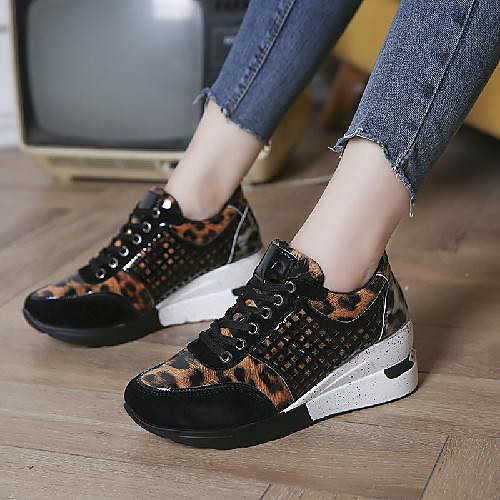 

Women's Sneakers Wedge Heel Round Toe Daily PU Lace-up Leopard Black Gold