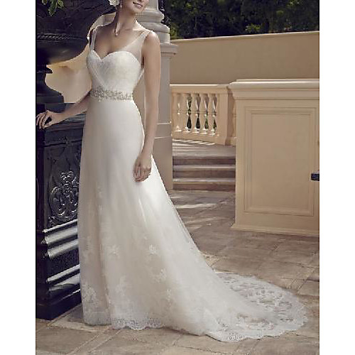 

A-Line Wedding Dresses Sweetheart Neckline Sweep / Brush Train Lace Tulle Sleeveless Country Romantic with Appliques Crystal Brooch 2021