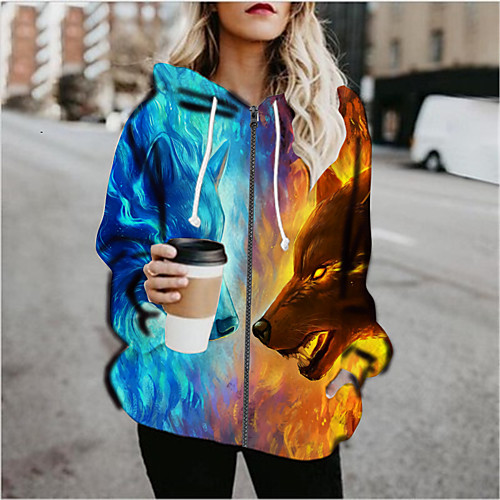 

Women's Print Print Fall & Winter Hoodied Jacket Regular Sports Long Sleeve Cotton Blend Coat Tops Rainbow