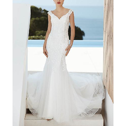 

Mermaid / Trumpet Wedding Dresses V Neck Sweep / Brush Train Lace Tulle Sleeveless Country Romantic with Appliques 2021