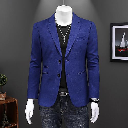 

Blue Checkered Tailored Fit Polyester Suit - Notch Single Breasted Two-buttons