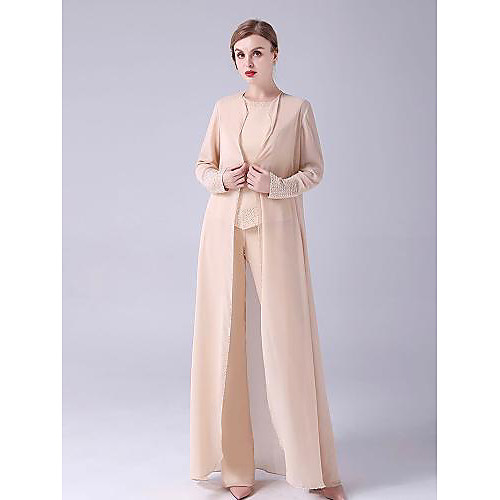 

Two Piece Pantsuit / Jumpsuit Mother of the Bride Dress Elegant Jewel Neck Floor Length Chiffon Sleeveless with Beading 2021