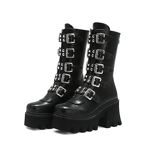 

Women's Boots Chunky Heel Round Toe Mid Calf Boots Punk & Gothic Daily Walking Shoes PU Rivet Buckle Lace-up Solid Colored Black / Mid-Calf Boots