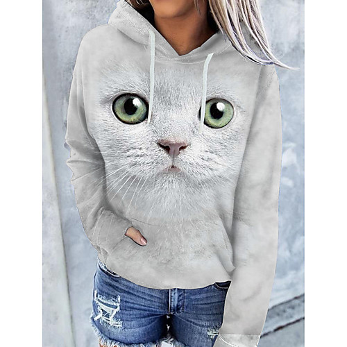 

Women's Pullover Hoodie Sweatshirt Cat Graphic 3D Front Pocket Print Daily 3D Print Basic Casual Hoodies Sweatshirts White