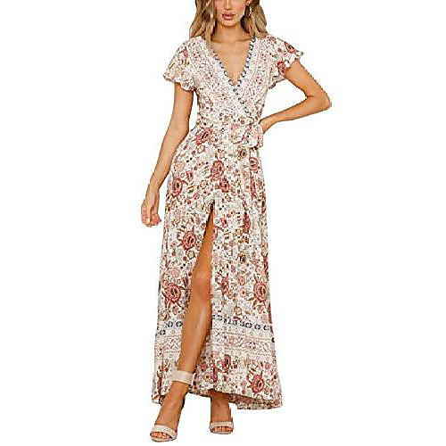 

dresses boho summer dress v-neck women vintage beach flowers maxi dress short sleeves beach dress long with slit (large, purple)