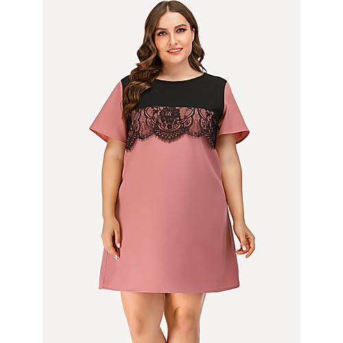 

Women's Plus Size Dresses Chiffon Dress Short Mini Dress Short Sleeve Color Block Lace Patchwork Casual Spring & Fall / Loose