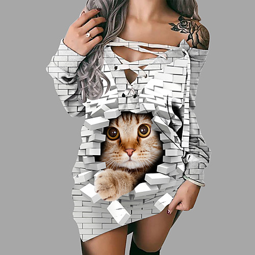 

Women's Shift Dress Short Mini Dress Long Sleeve Cat Animal Print Fall Spring 3D Print Casual 3D Print White S M L XL XXL 3XL