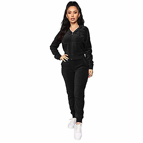 

womens velour tracksuit long sleeve sweatsuit top and bottom casual loungewear joggers 2 piece set casual sportwear for autumn winter black