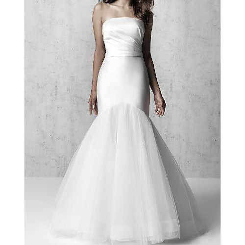 

Mermaid / Trumpet Wedding Dresses Strapless Floor Length Tulle Italy Satin Sleeveless Simple with Ruched 2021