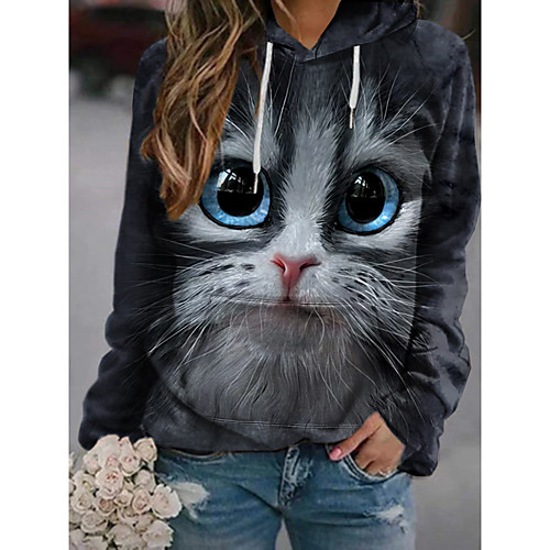 

Women's Pullover Hoodie Sweatshirt Cat Graphic 3D Front Pocket Print Daily 3D Print Basic Casual Hoodies Sweatshirts Black