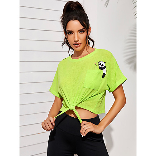 

Women's Short Sleeve Running Shirt Cropped Tee Tshirt Top Athletic Athleisure Spandex Breathable Soft Sweat Out Gym Workout Running Jogging Training Exercise Sportswear Panda Green Activewear Stretchy