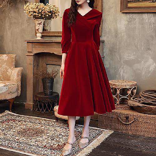 

A-Line Minimalist Elegant Homecoming Cocktail Party Dress V Neck 3/4 Length Sleeve Tea Length Velvet with Buttons 2021