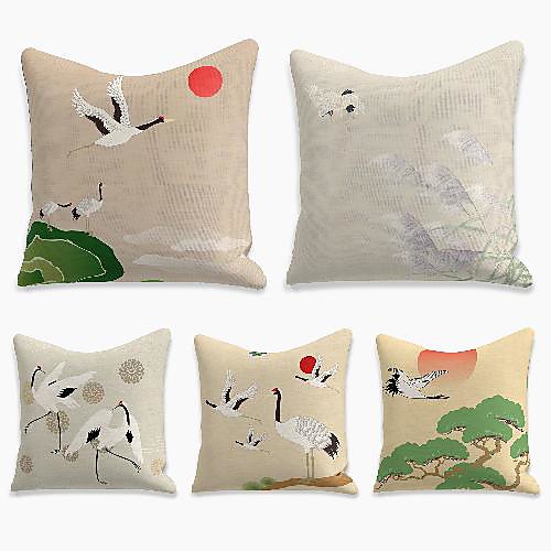 

cushion cover 5pc linen soft decorative square throw pillow cover cushion case pillowcase for sofa bedroom 45 x 45 cm (18 x 18 inch) superior quality machine washable crane sun forest