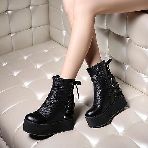 

Women's Boots Platform Round Toe Mid Calf Boots Casual Classic Preppy Daily Office & Career PU Lace-up Solid Colored Black Silver / Mid-Calf Boots