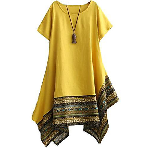 

ladies summer dress short sleeves irregular hem ethnic mixed colors cotton linen long blouse shirt, m, yellow