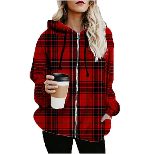 

Women's Plaid Print Fall & Winter Hoodied Jacket Long Sports Long Sleeve Cotton Blend Coat Tops Red