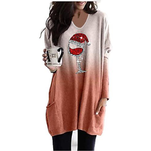 

Women's Christmas T shirt Color Gradient Graphic Prints Long Sleeve Patchwork Print Round Neck Tops Christmas Basic Top Blue Purple Orange