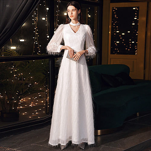 

A-Line Minimalist Elegant Wedding Guest Formal Evening Dress Halter Neck Long Sleeve Floor Length Lace with Sleek 2021