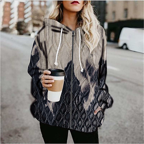 

Women's Print Print Fall & Winter Hoodied Jacket Regular Sports Long Sleeve Cotton Blend Coat Tops Gray