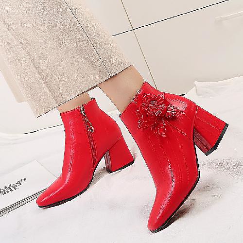 

Women's Boots Block Heel Square Toe Booties Ankle Boots Chinoiserie Minimalism Wedding Party & Evening PU Flower Solid Colored White Black Light Red / Booties / Ankle Boots