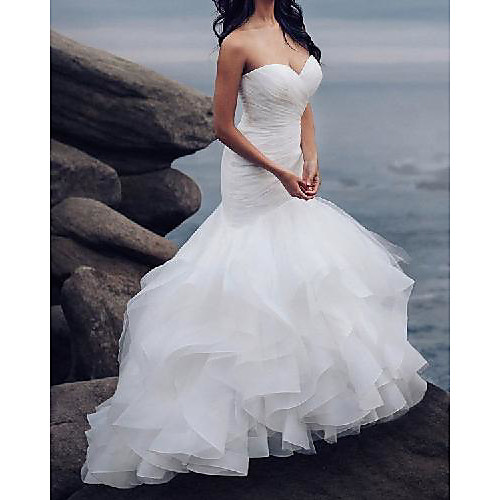 

Mermaid / Trumpet Wedding Dresses Strapless Sweep / Brush Train Organza Tulle Sleeveless Country Sexy with Cascading Ruffles 2021