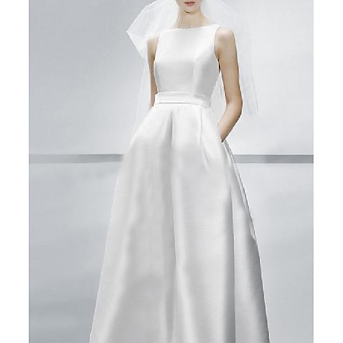 

A-Line Wedding Dresses Jewel Neck Sweep / Brush Train Satin Sleeveless Simple Elegant with 2021