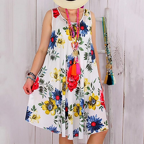 

Women's A Line Dress Knee Length Dress White Blue Green Light Blue Sleeveless Floral Patchwork Print Summer Round Neck Casual 2021 S M L XL XXL 3XL 4XL 5XL
