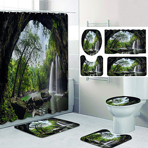 

cave waterfall pattern printing bathroom shower curtain leisure toilet four-piece design