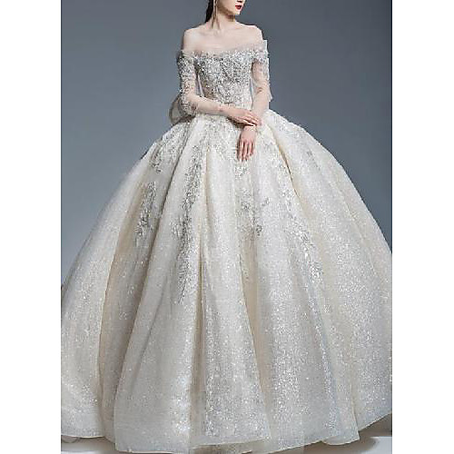 

Princess Ball Gown Wedding Dresses Off Shoulder Watteau Train Lace Tulle Sequined Long Sleeve Formal Romantic Luxurious Sparkle & Shine with Pleats Beading 2021