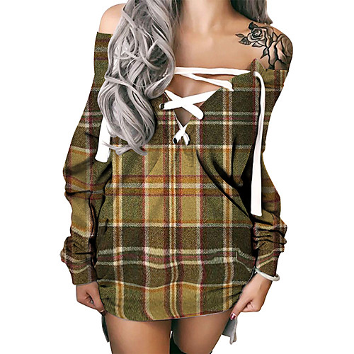 

Women's Shift Dress Short Mini Dress Khaki Long Sleeve Plaid Print Fall Summer Off Shoulder Hot Sexy 3D Print S M L XL XXL 3XL